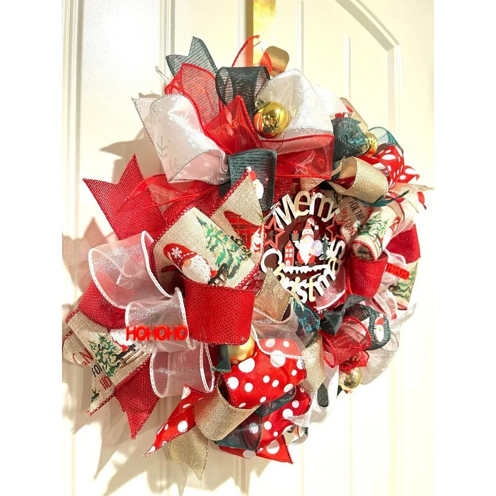 Handmade 13 inch Merry Christmas Gnome Ribbon Wreath MW4